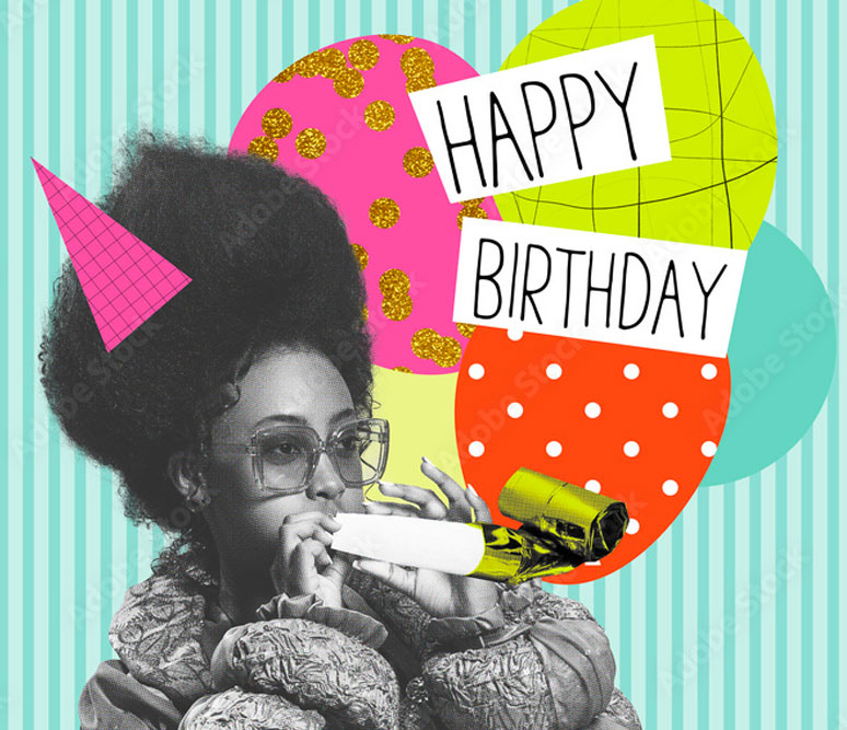 collage of a woman with a happy birthday sign