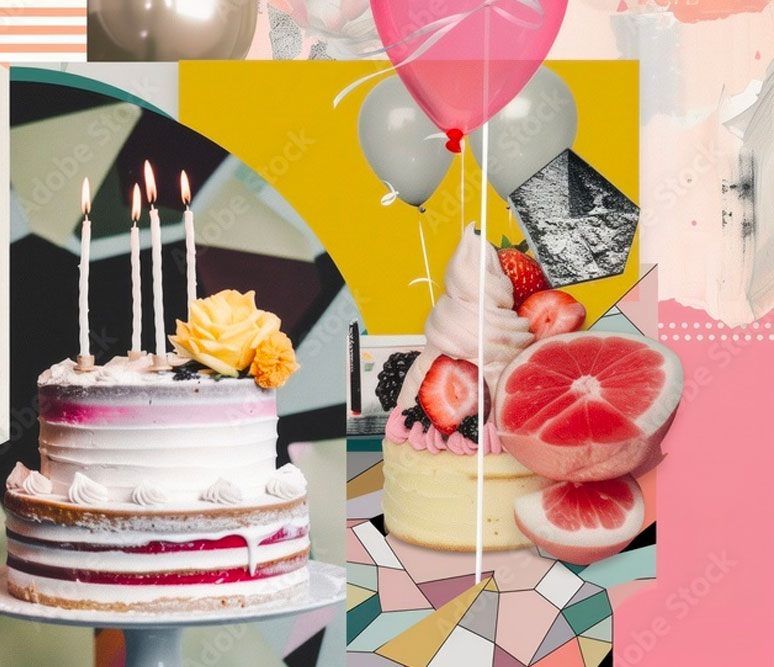 collage of a birthday cake and treats