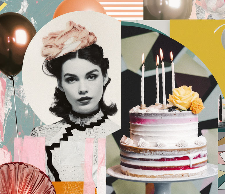 collage of a woman with a birthday cake