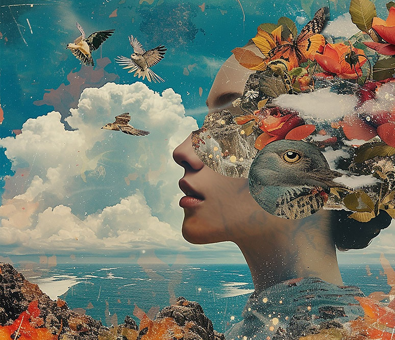 collage of woman's head emerging from water with flowers and blue sky