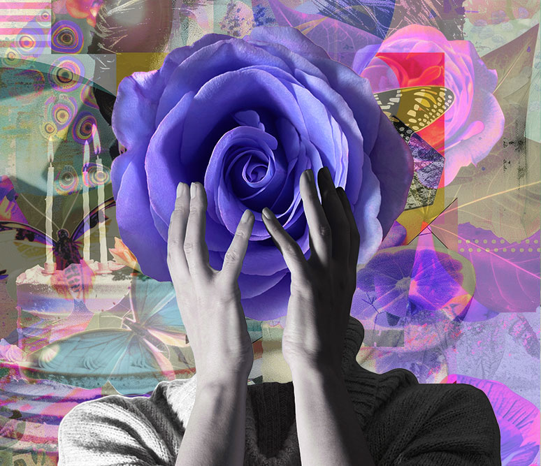 hands holding up a flower in place of a head