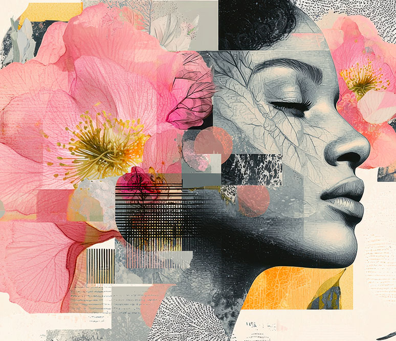 collage of woman with flowers around her head