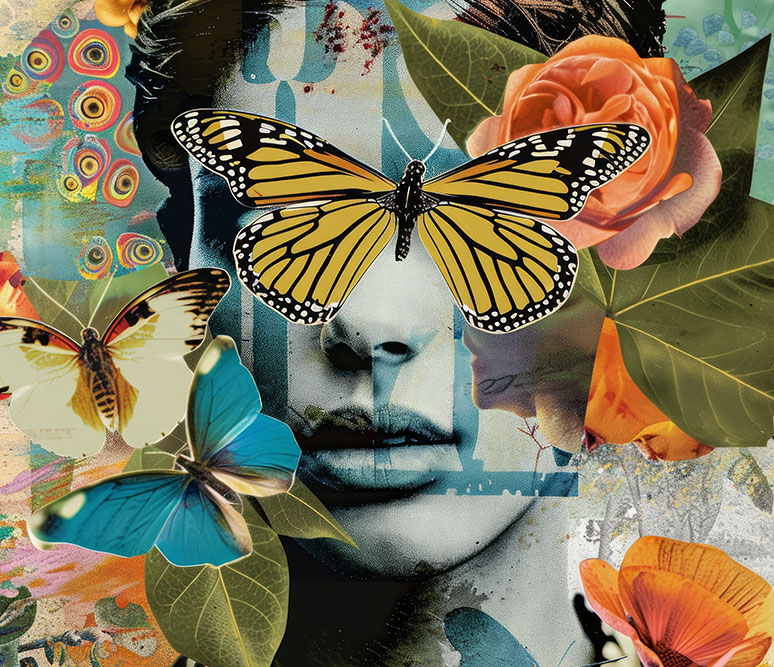 woman with butterflies collaged over her face and flowers around her